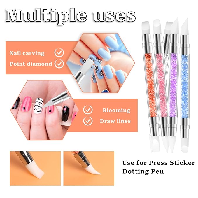 5 Pcs Nail Art Sculpture Pen Dual Tipped Silicone Nail Tools Nail Art Acrylic Pen Silicone Brushes for Resin Nail Art Tools for Design Nail Foil Carving Drawing Effect Shaping