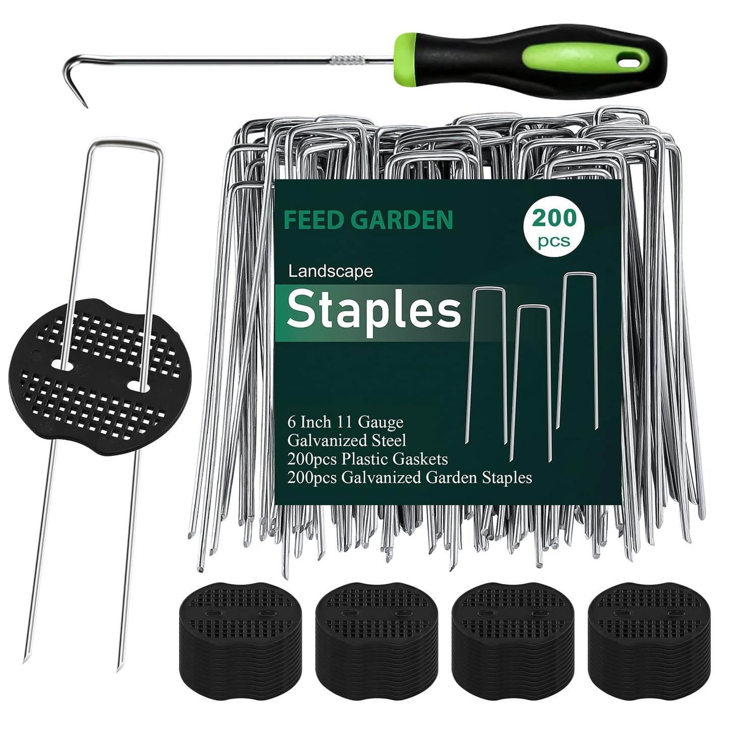 FEED GARDEN 6 Inch 200 Pcs Galvanized Landscape Staples 200 Pcs Gaskets Pick Hook Garden Stakes 11 Gauge Anti-Rust Landscaping Fabric SOD Pins U Shaped Yard Turf Stakes for Weed Barrier Fabric