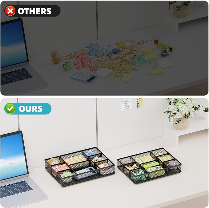 Marbrasse 2 Pack Desk Drawer Organizer, Mesh Drawer Organizer Tray with 8 Adjustable Compartments, Desk Organizers and Accessories, 5 Dividers Drawer for Office Supplies, Makeup & Vanity (Black-2P)
