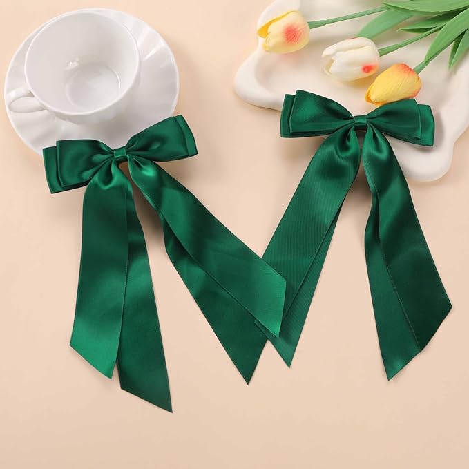 LuSeren 2 PCS Double Layer Hair Bows Green Hair Ribbon Clips Ponytail Holder Accessories for Women Girls Toddlers Teens Kids