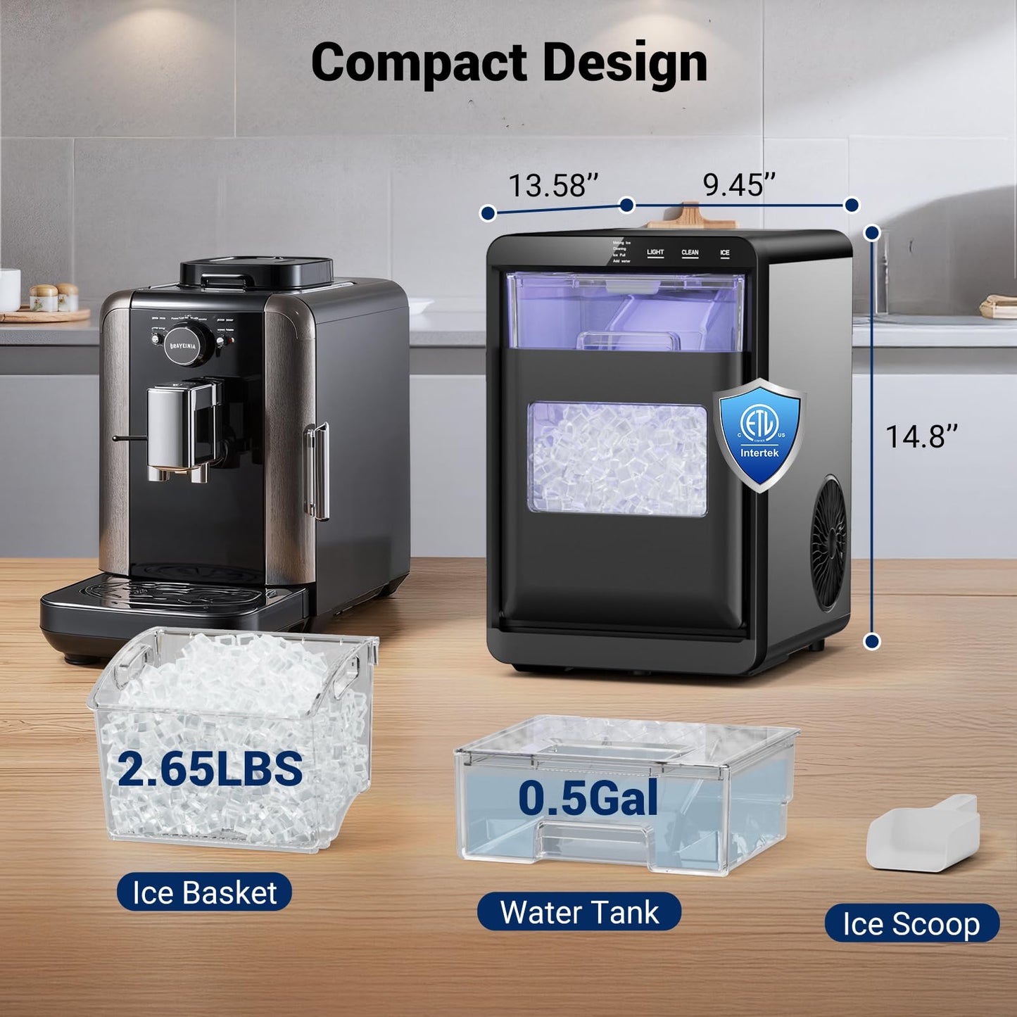 43lbs/24h Nugget Ice Maker Chewable Ice Ready in 5-10Mins, Self-Cleaning Stainless Steel Countertop Ice Maker for Home, Kitchen, Office, Party