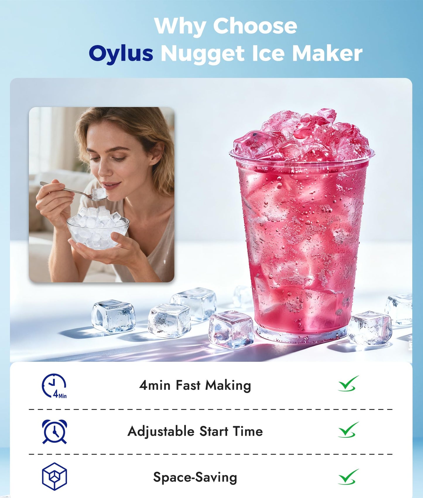 Oylus Nugget Ice Maker Countertop, Smart Pebble Ice maker with LCD Panel, 4min Making, 26lbs/24H Crushed Chewable Ice, Pellet ice maker with Timer Status Alert, Self-Cleaning, Chewy Ice for Home Party