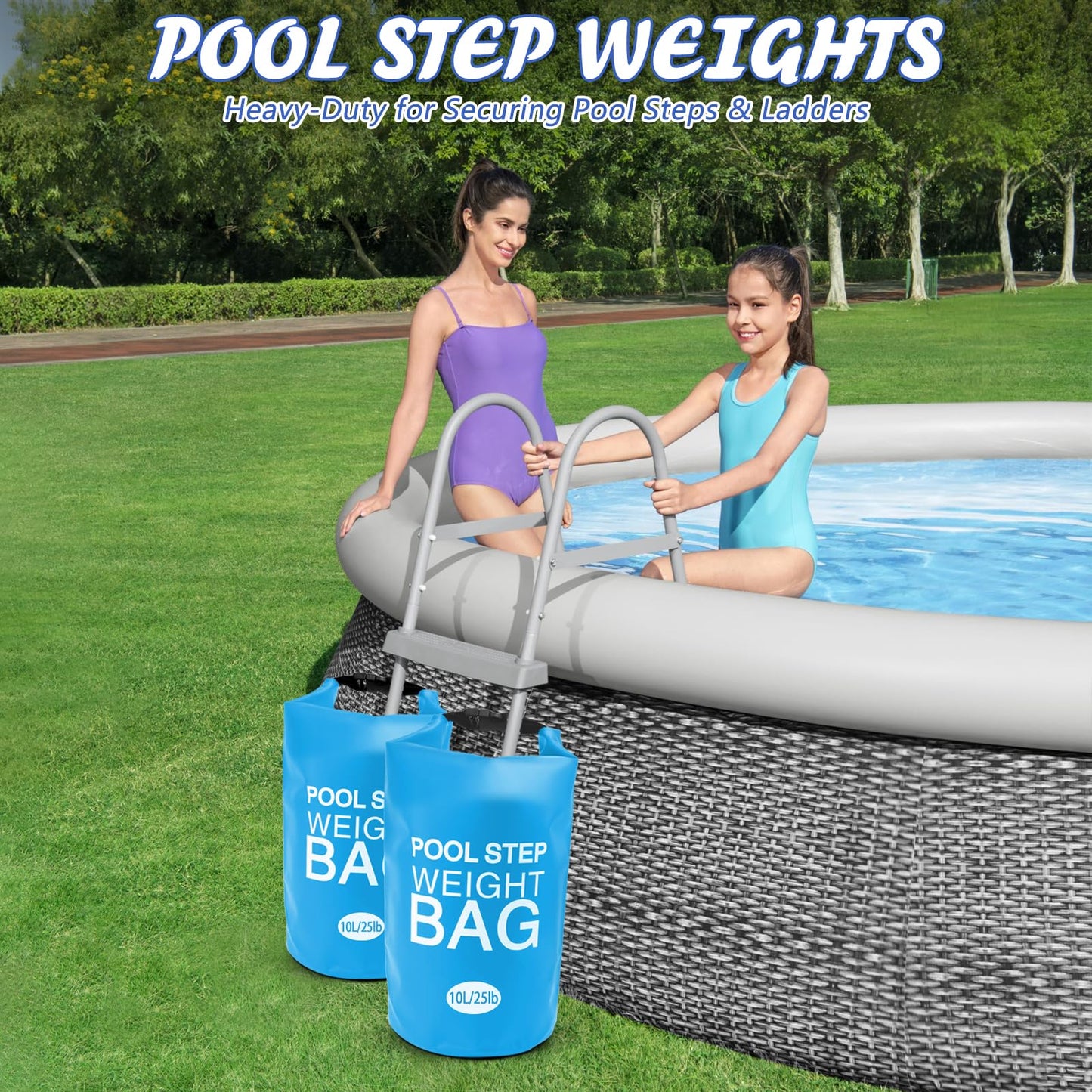 2 Pack 10L/25lb Universal Pool Step Weights 250D PVC Waterproof Swimming Pool Ladder Weights No Breaken Above Ground Pool Ladder Sand Bags, Foldable Pool Stair Weights for Pool Steps (Sky Blue)