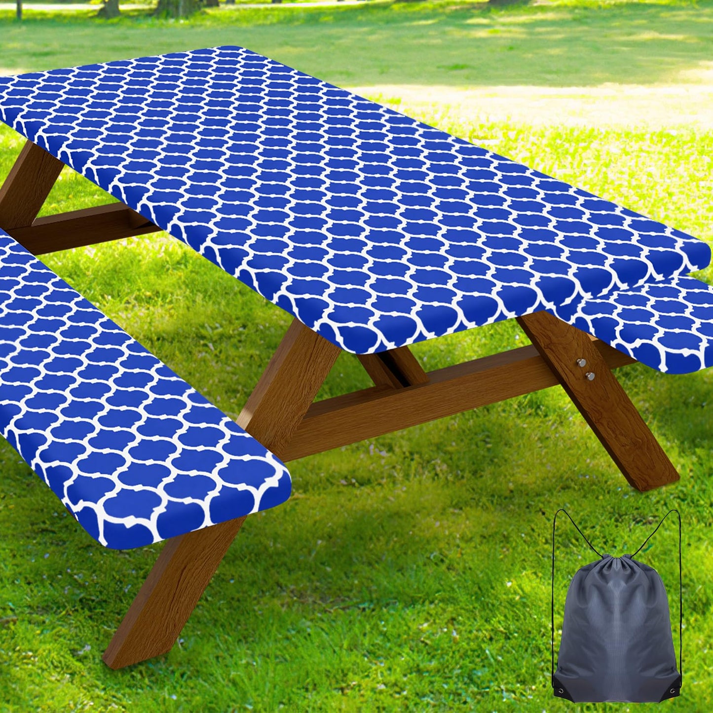 Smiry Picnic Table Cover with Bench Covers, Waterproof Elastic Fitted Tablecloth for 8 Foot Tables, Washable Polyester Tablecloths for Camping, Indoor & Outdoor (Blue, 30x96 Inch 3-pc Set)
