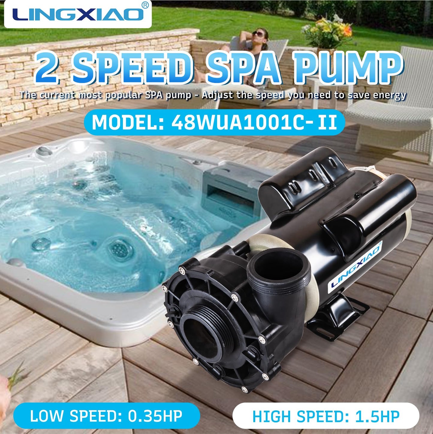 LINGXIAO SPA Pump, 2 Speed Hot Tub SPA Pump - 1.5HP LX SPA Motor, 115V, 2"Port, 48 Frame - (Model: 48WUA1001C-II)