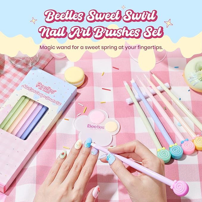 Beetles Spring Nail Art Brushes 6pcs â Sweet Swirl Nail Art Tools Liner Brushes for Nails Dotting Tool Gradient French Manicure Design Pen with Floral Palette, Brush Holder, DIY Gift for Women