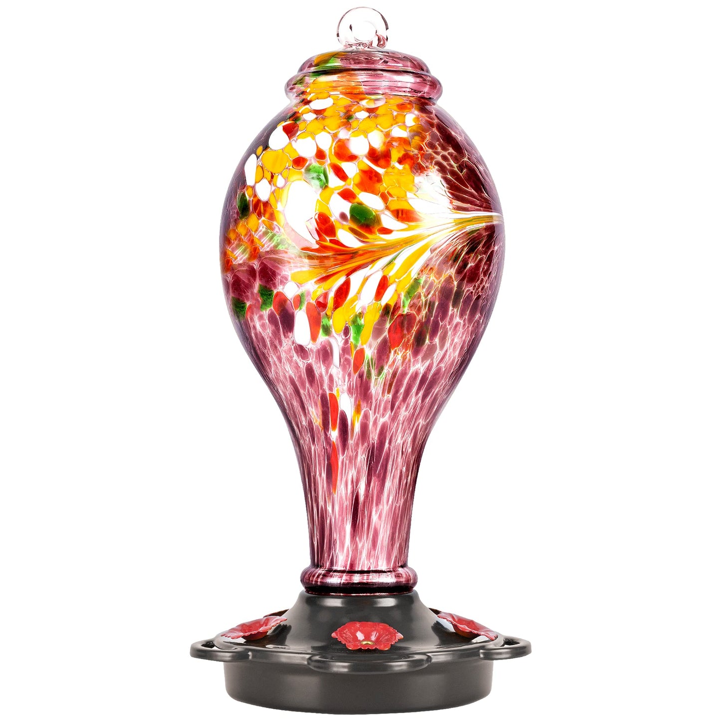 LUJII Hand Blown Glass Hummingbird Feeder for Outdoors Hanging with Ant Guard, 36 fl.oz, Leak Proof & Rustproof, Metal Base with 5 Feeding Ports & 5 Perches, Unique Garden & Backyard Decor (Purple)