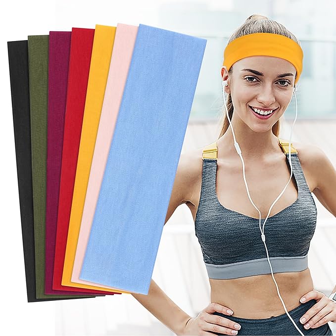 DiyJibb Headbands for Women, Stretchy Non Slip Soft Cotton Cloth Hair Bands for Sports, Workout, Yoga and Running, 7pcs