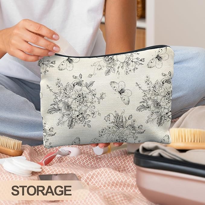 Vintage Boho Floral Butterfly Makeup Bag, Chinoiserie Black and White Cosmetic Bags for Women, Cottagecore Botanical Butterfly Zipper Makeup Pouch