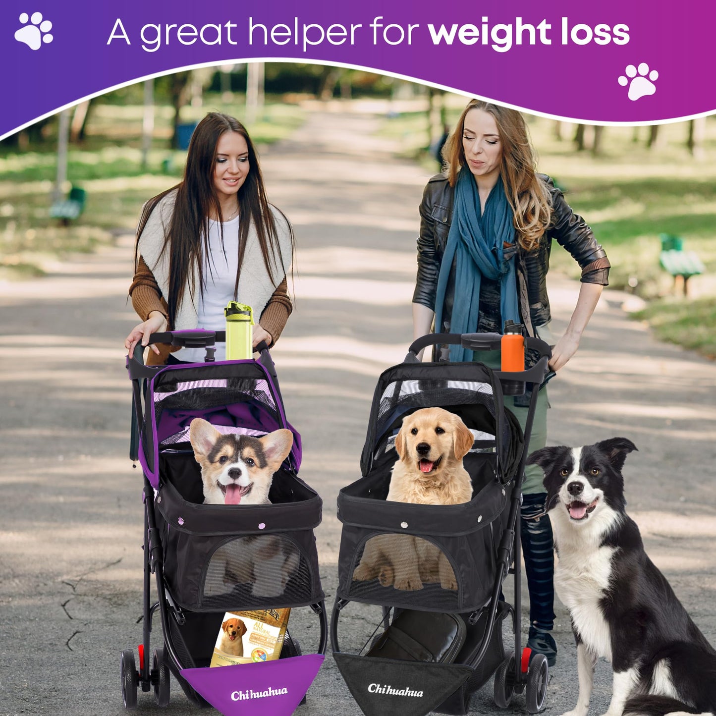 Pet Stroller,Dog Stroller for Small Medium Dogs Cats,3 Wheels,Foldable,with Breathable Mesh Canopy,Cup Holders,Easy Assembly,Purple