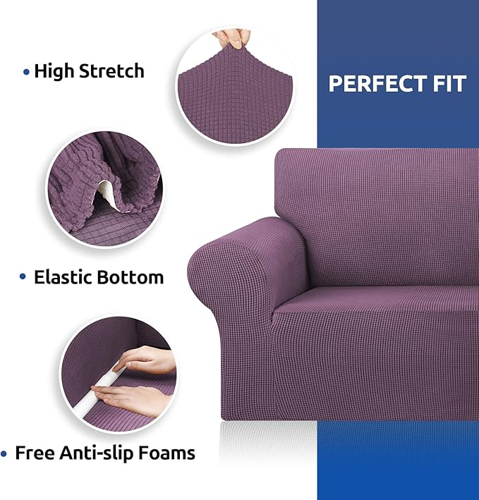 KEKUOU Stretch Sofa Cover Slipcover ,Couch Covers for 3 Cushion Couch Sofa pet Friendly (78"-94") Furniture Protector Sofa with Elastic Bottom for Kids,Dog, Jacquard Small Checked(Large,Dark Purple)