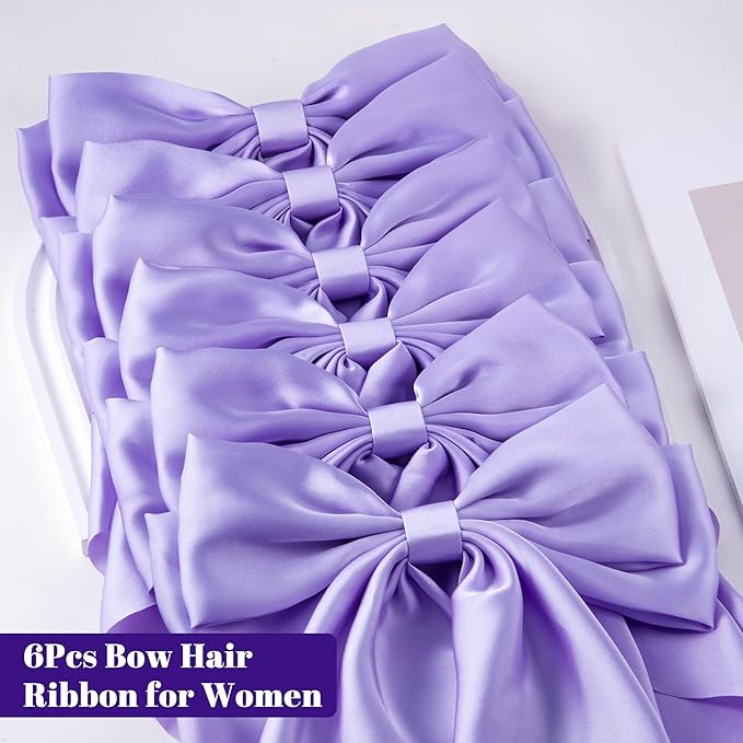 6Pcs Large Bows Hair Clips for Women Girls Long Tail Hair Ribbon Silky Satin Barrettes Coquette Hair Bows Accessories(Purple)