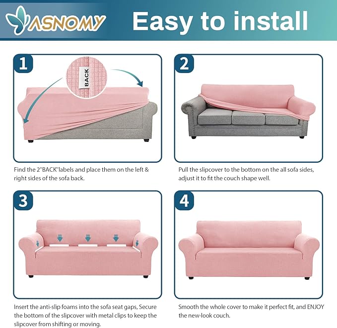 Asnomy Couch Covers for 3 Cushion Couch Stretch Sofa Covers Slipcovers, Pet Protector Furniture Covers for Dogs Cats Spandex Jacquard Fabric Small Checks (Large,Pink)