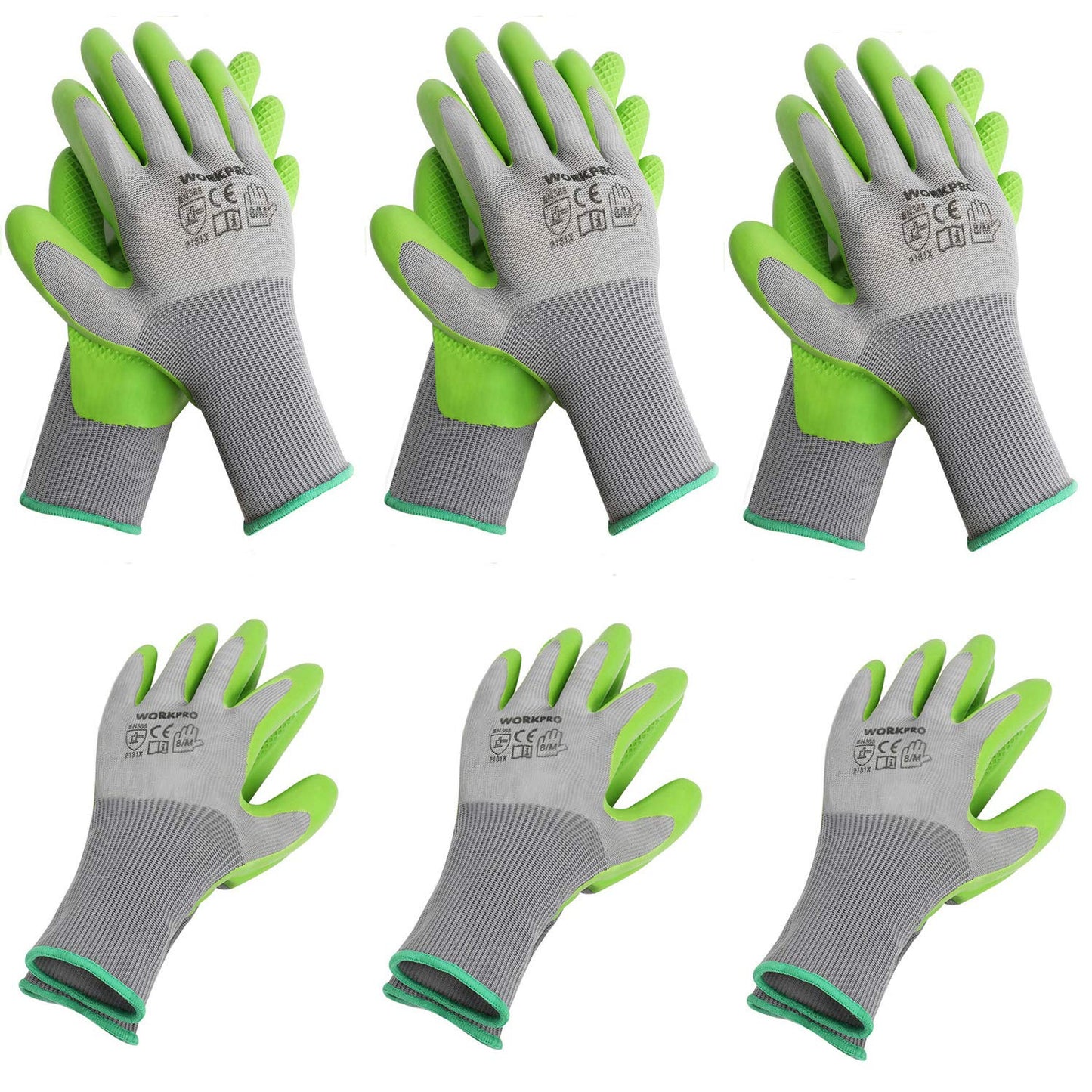 WORKPRO 6 Pairs Garden Gloves, Work Glove with Eco Latex Palm Coated, Gardening Gloves, Working Gloves for Weeding, Digging, Raking, and Pruning (Medium)