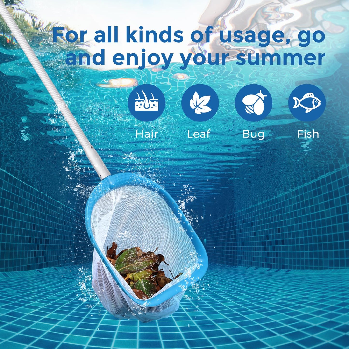 SORSWEET Professional Pool Skimmer Net 6 Feet with 6 Aluminum Poles - Fine Mesh for Fast Debris Removal - Ideal Pool Nets for Cleaning Ponds, Spas, and Hot Tubs - Efficient Pool Maintenance