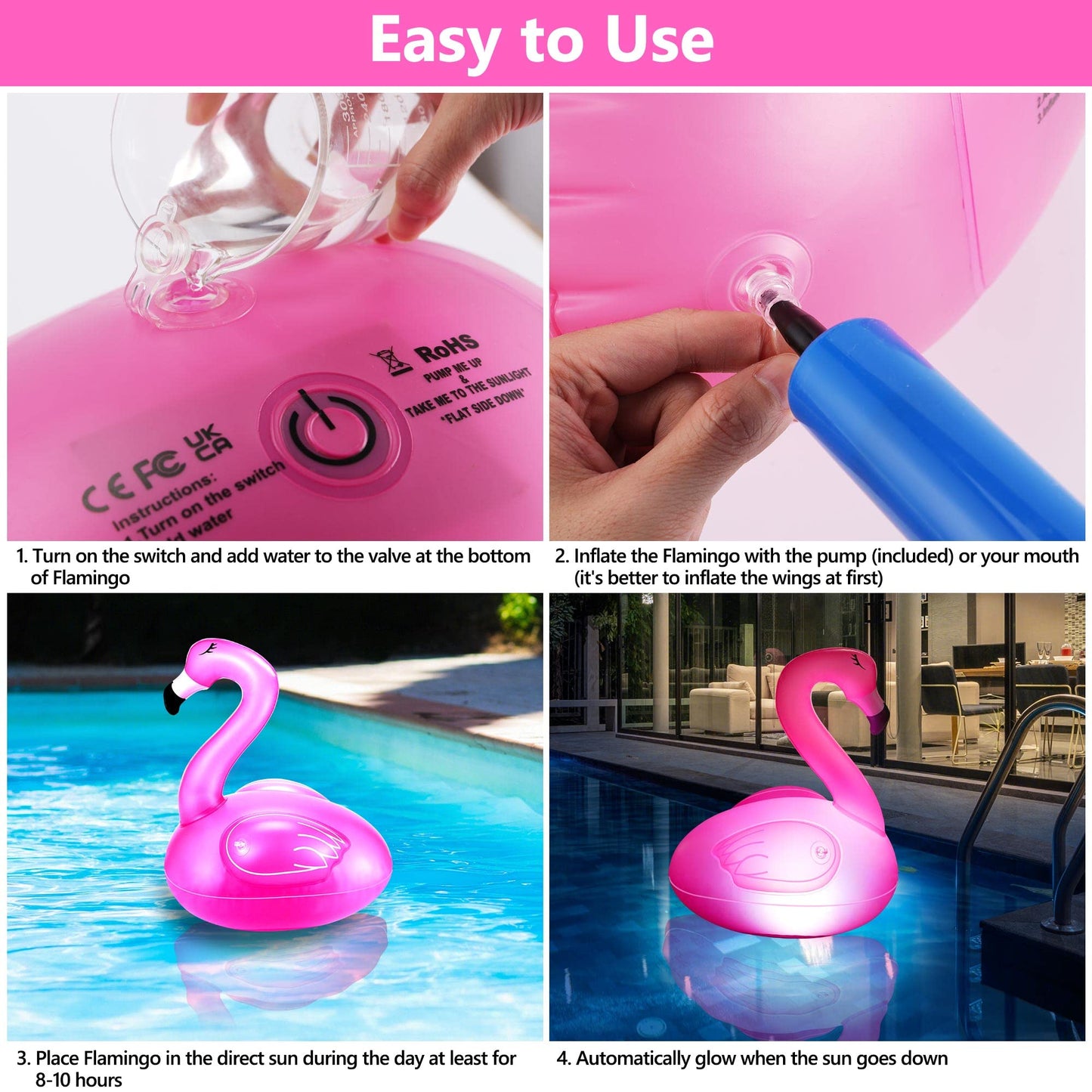 Toodour Floating Pool Lights, 3 Packs Solar Flamingo Pool Lights that Float, Waterproof Glow in The Dark Inflatable Solar Powered Flamingo Lights for Swimming Pool, Party, Garden, Patio, Outdoor Decor