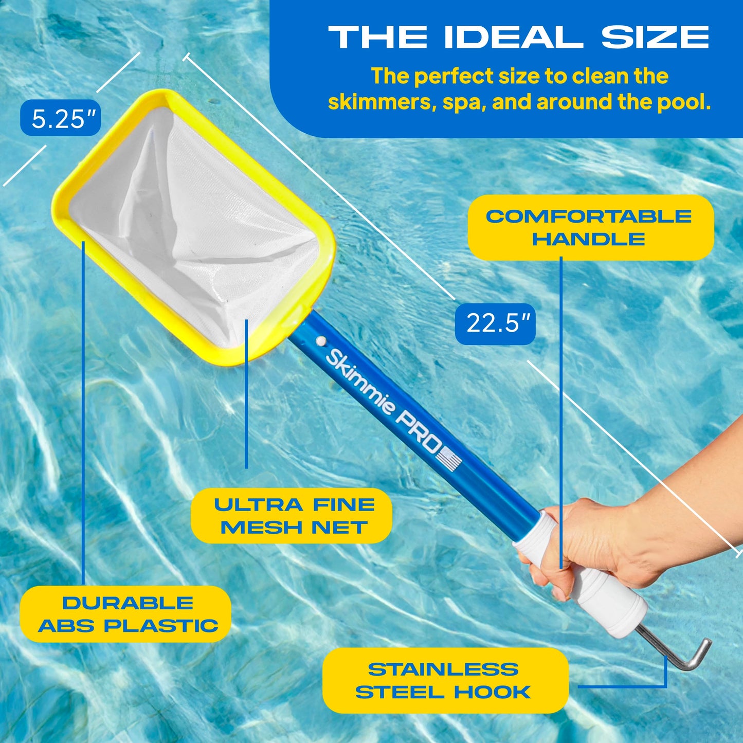 Skimmie Pro (Short Version) 22.5” Pool Skimmer: Lightweight, Fine Mesh Net, & Stainless Steel Hook – Ideal for In-Ground/Above-Ground Pools, Fountains, Ponds, Hot Tubs, & Cold Plunges