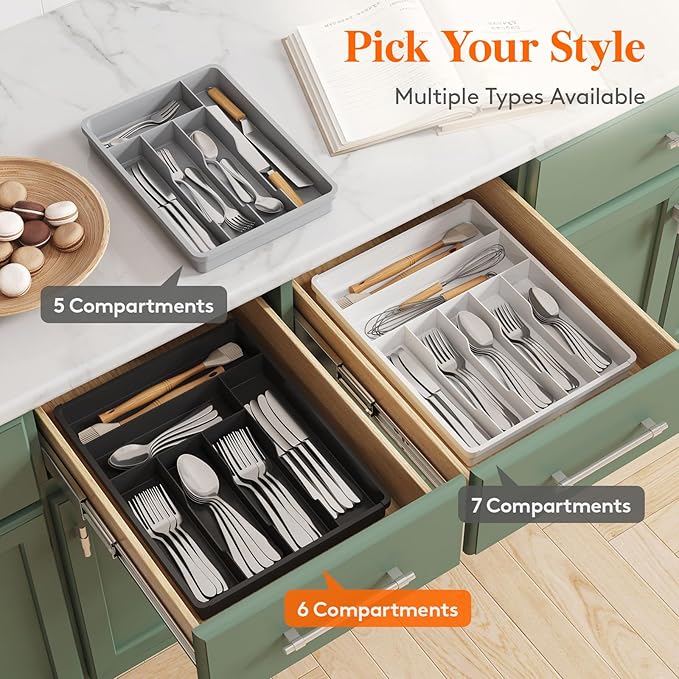 Lifewit Silverware Drawer Organizer Tray, Plastic Cutlery Storage for Kitchen, Flatware and Utensil Holder Divider for Spoons Forks Knives Tableware, 12.3 x 16", 6 Slots, Black