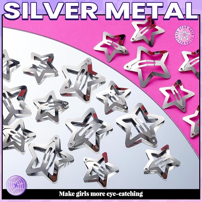 YGDZ Star Hair Clips and Barrettes Set - 20 pcs 1.22" Y2K Hair Accessories, 10 pcs 1.61" Silver Clips for Girls Women, Rave Accessories, Non-Slip Metal Snap Hair Clips