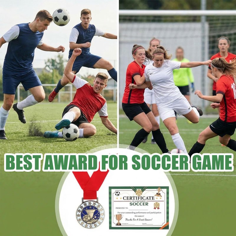 SvkOjmx 12 Pcs Soccer Medals with 12 Pcs Achievement Award Certificates Team Participation Medals with Red Ribbon Metal Champion Award Trophy for Soccer Themed Party Favors Participant Trophy Prize