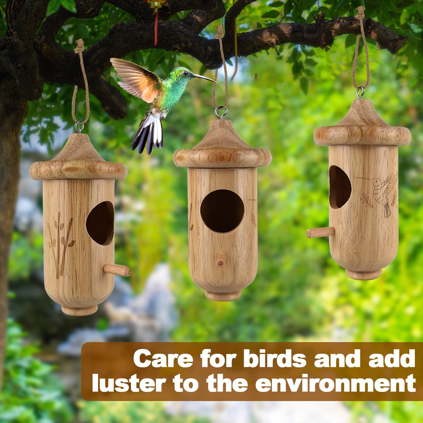 Hummingbird House for Outside Hanging, Small Wooden Hummingbird Gifts Nest 3 Pack with Hemp Ropes, Gardening Gifts Humming Bird Houses Home Decoration