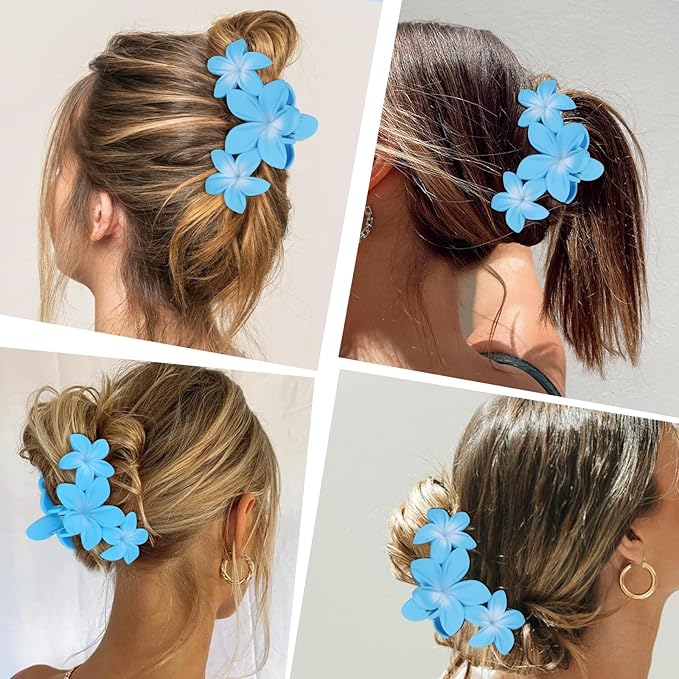 ANBALA 4PCS Flower Hair Clips Plumeria Hawaiian Claw Clips for Thick Hair Non-Slip Strong Hold Beach Accessories for Women Girls (Blue)