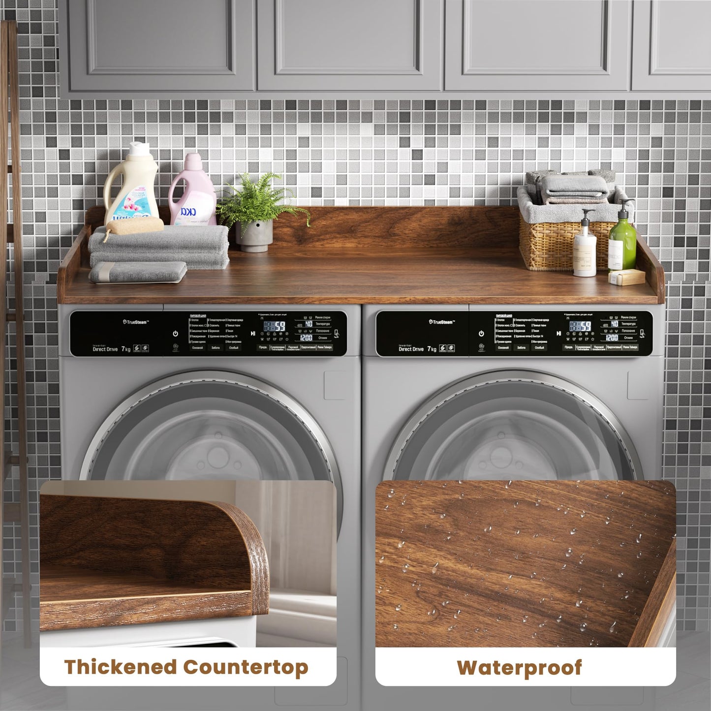 DTK Washer Dryer Countertop, Wood Topper with Edge Rails, Washer and Dryer Countertop with Anti-Slip Strips, 54" Width x 27.5" Depth Cover for Laundry Room Organization and Storage, Walnut
