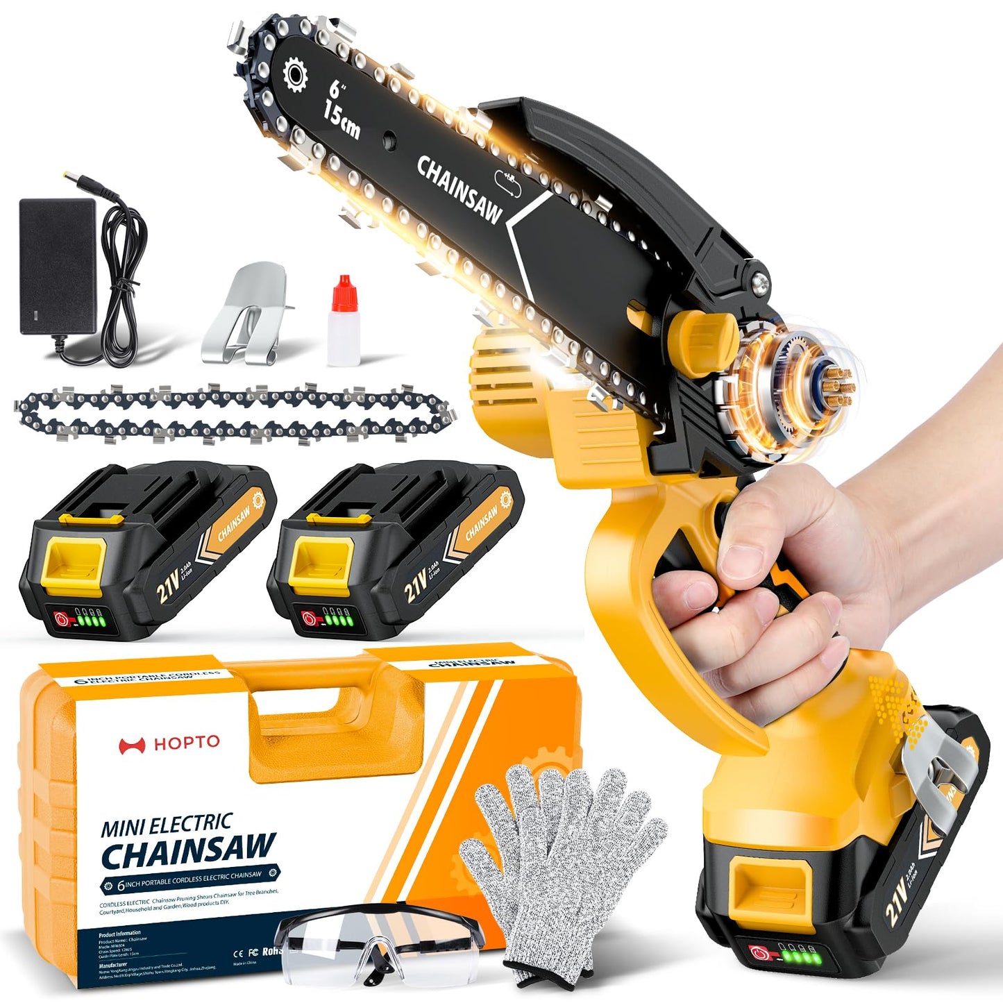 Mini Chainsaw- 6 Inch Electric Mini Chain Saw Cordless Battery Powered One-Hand Tree Trimming Saw with 2 Batteries, Portable Gardening Gadgets for Men, Unique Birthday Gifts (Yellow)