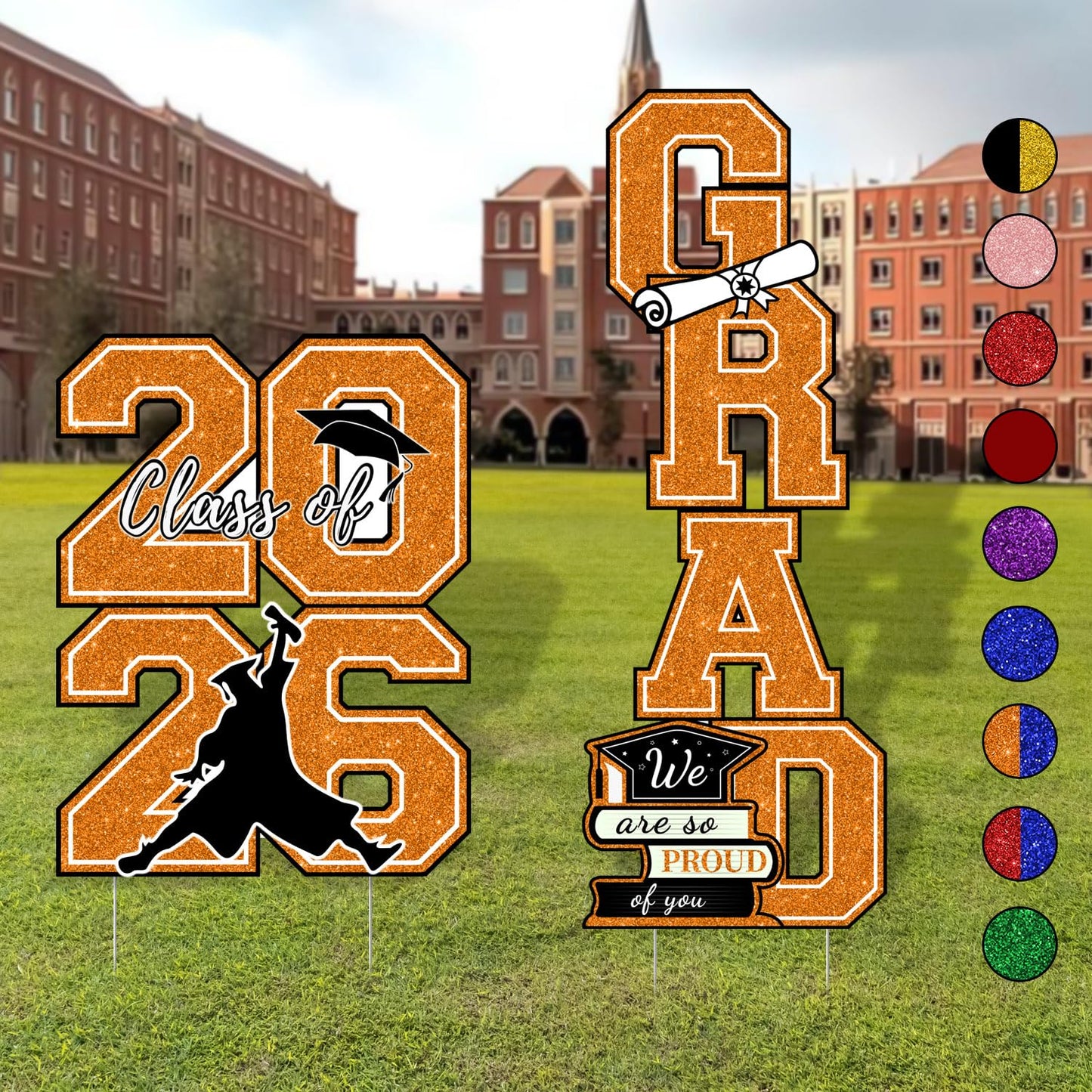 Graduation Yard Signs Class of 2026 Orange and Black Graduation Decorations - 4pcs Waterproof Large Size Glittering 2026 Grad Outdoor Lawn Decor with Stakes - High School College Congrats Grad Party
