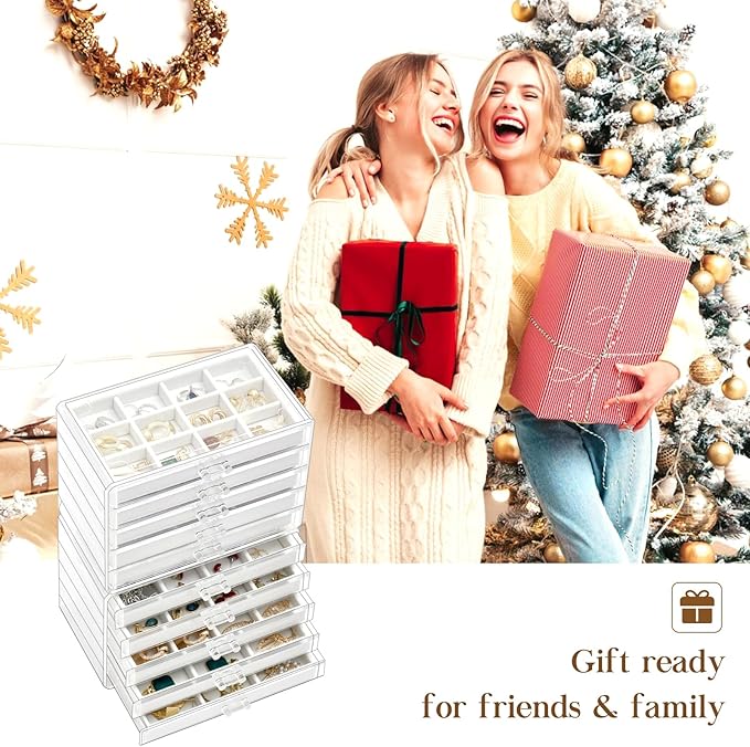 ProCase Earring Holder Organizer Jewelry Box with 10 Drawers, Acrylic Clear Earring Case with Adjustable Velvet Trays for Women - Warmwhite,10 Layers