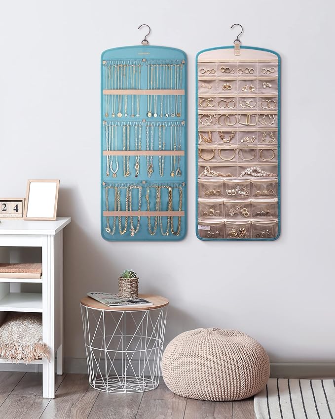 BAGSMART Hanging Jewelry Organizer, Necklace Holder Anti-tangle Earrings Rings Hanger with 20 Jewelry Bags Travel Storage Roll with Pockets Hang on Closet, Wall, Door,1 Piece, Large, Teal