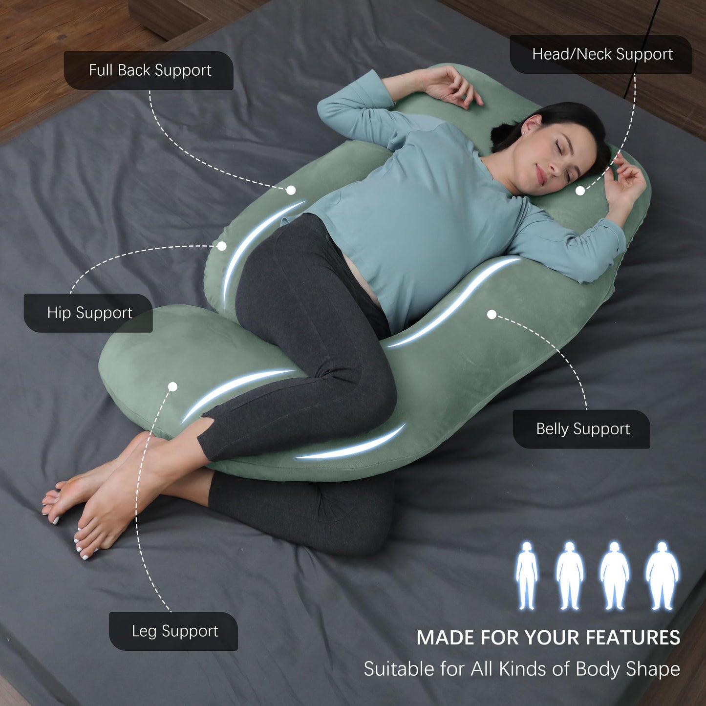 MOON PARK Pregnancy Pillows for Sleeping - U Shaped Full Body Maternity Pillow with Removable Cover - Support for Back, Legs, Belly, Hips - 57 Inch Pregnancy Pillow for Women - Green