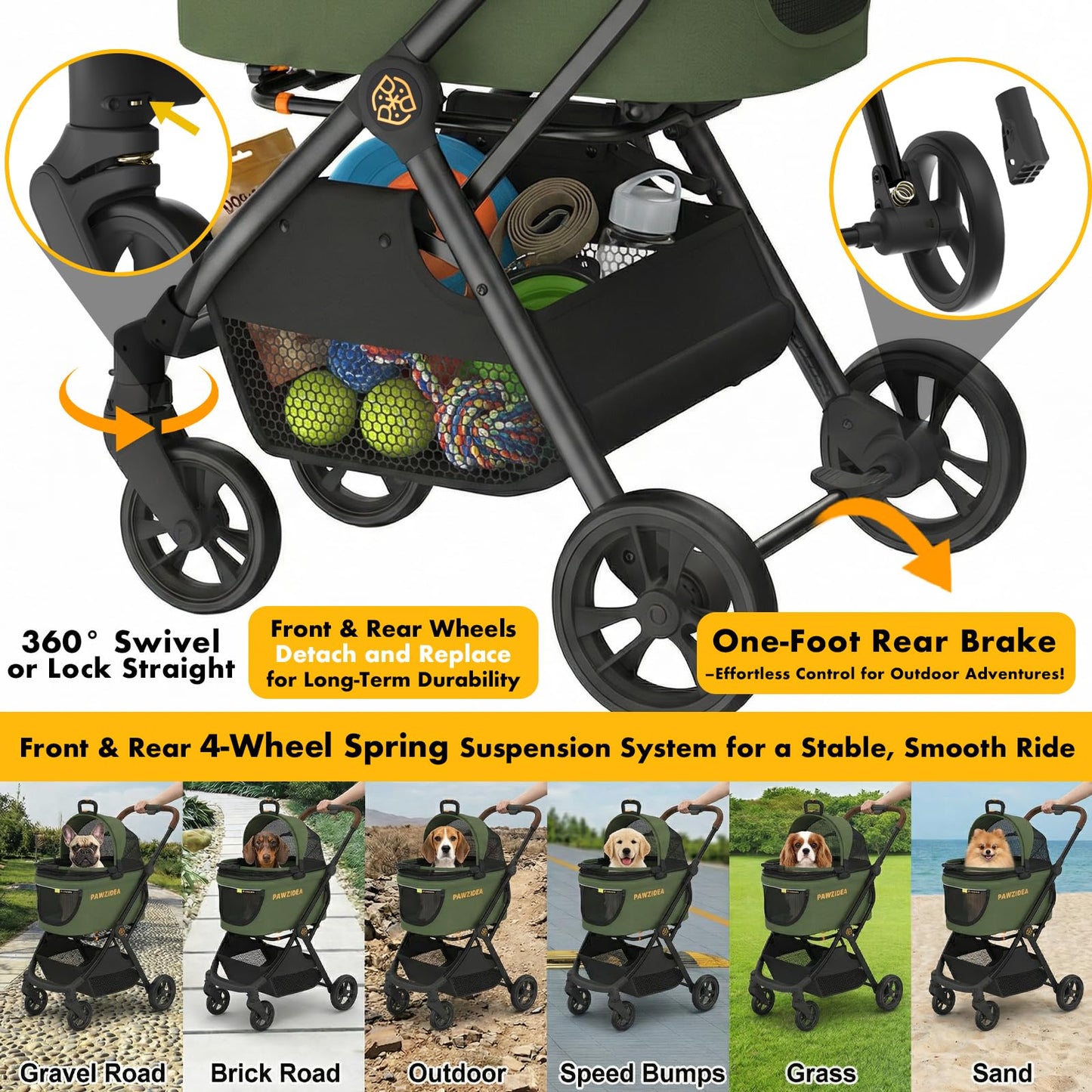PAWZIDEA Pet Stroller 4 in 1, Foldable Cat Stroller with Detachable Carrier for Small Medium Dogs & Cats, Escape-Proof No-Zip Canopy, Lightweight Portable Travel Crate & Car Seat Combo, Storage Basket