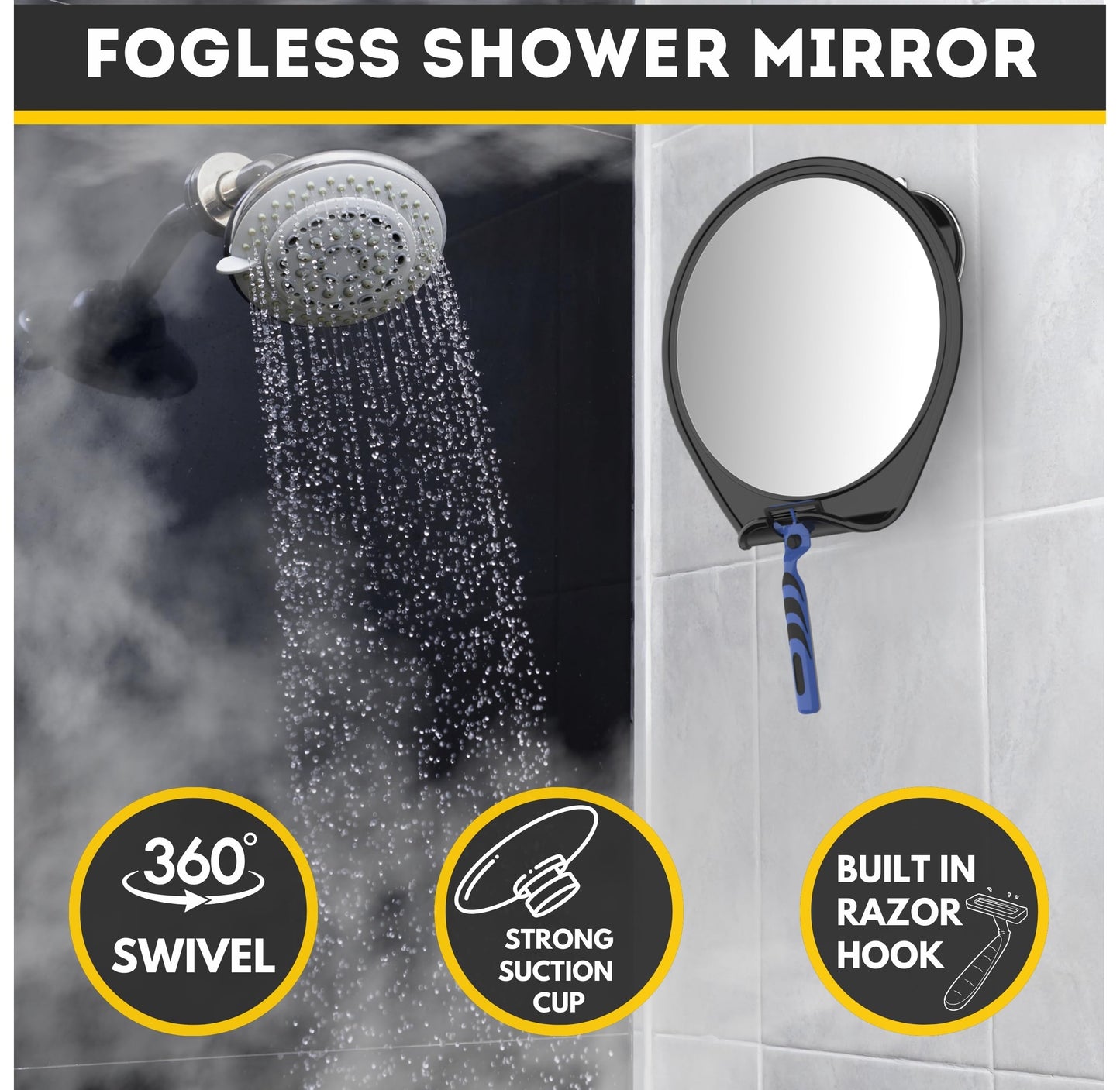 HONEYBULL Fogless Shower Mirror with Suction Mount & Swivel – Anti-Fog Acrylic Bathroom Mirror for Shaving – Built-in Razor Holder, Easy Install, Home Shower Accessory (Black)