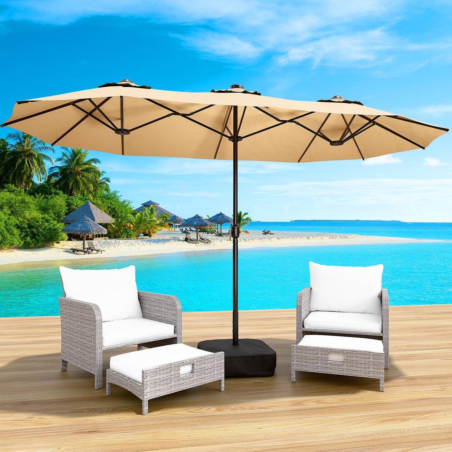 LEVELEVE 15FT Double-Sided Patio Umbrella with Base Included, Large Outdoor Rectangular Market Umbrella for Backyard, Poolside, Lawn & Garden, Khaki