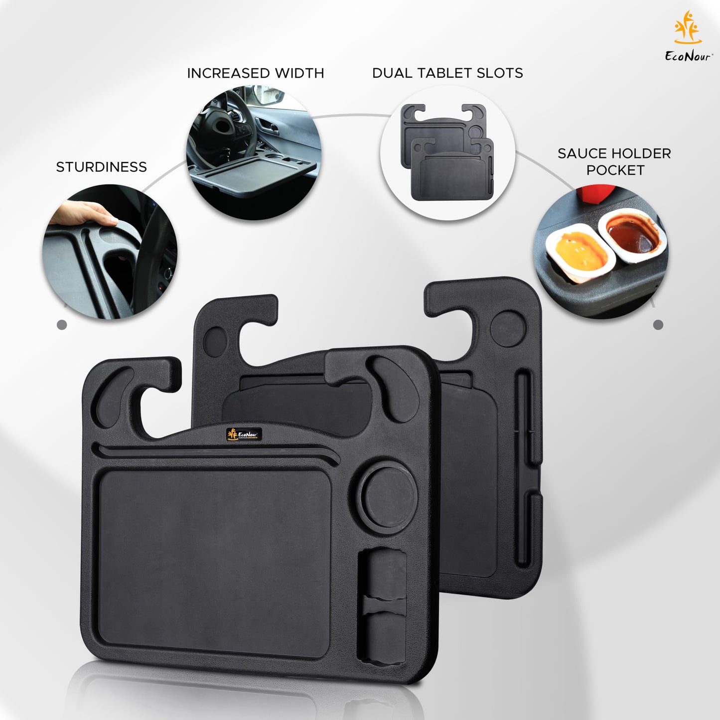 EcoNour 4 in 1 Car Steering Wheel Tray - 2026 Upgraded Tray with Dual Sauce Dip Holder and Tablet Holder | Spacious Steering Wheel Desk for Food and Laptop | Car Accessories (Large)