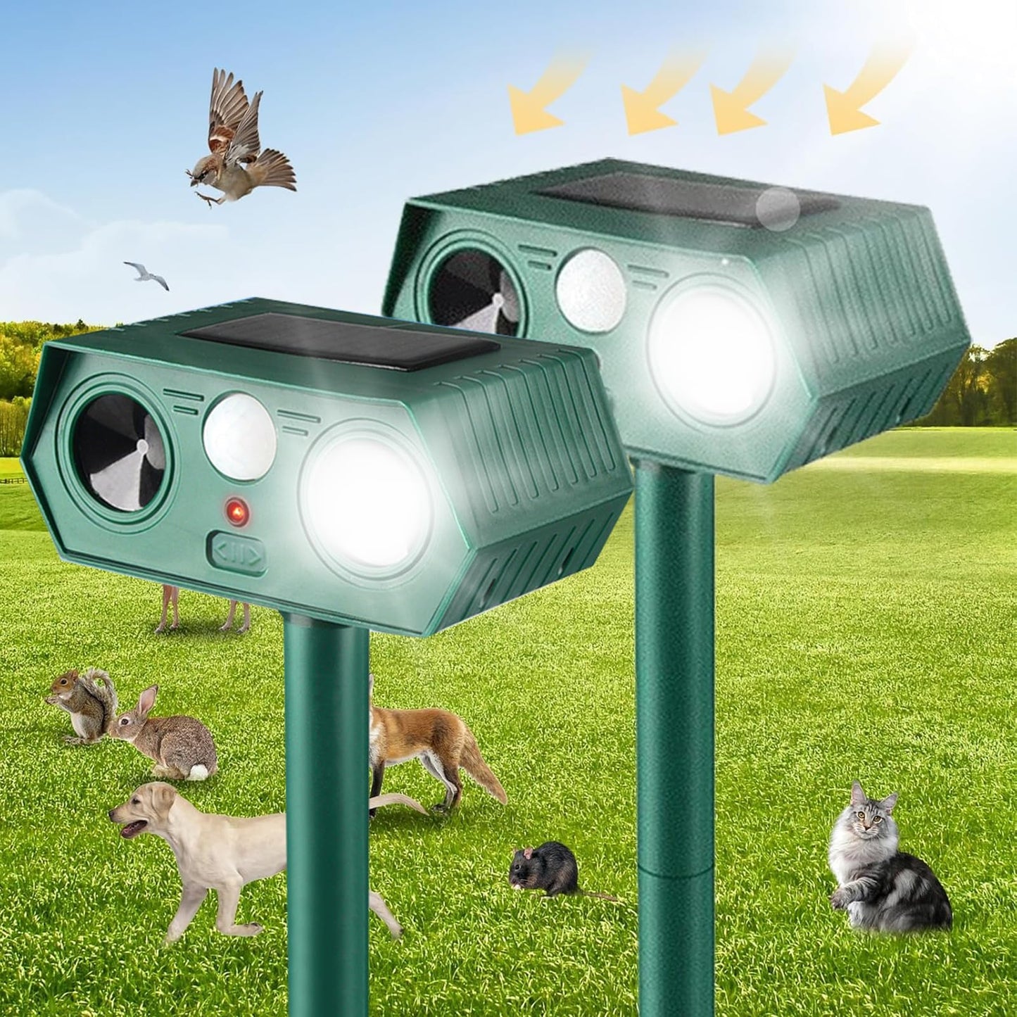 2025 Solar Animal Repellent,Upgraded Ultrasonic Cat Repellent Outdoor,Waterproof Deer Deterrent for Bird Dog Skunk,Squirrels Deterrent with Motion Detection Flash Lights for Outdoor and Yard (2 Pack)