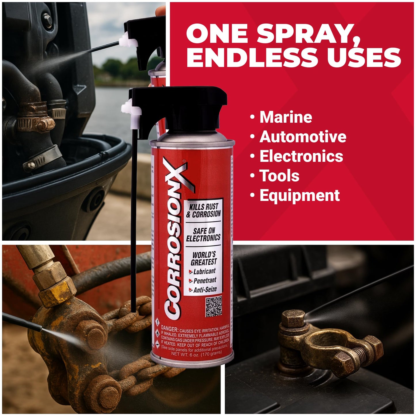 CorrosionX Rust Inhibitor, Industrial-Strength Dielectric Corrosion Prevention, Lubricant & Penetrant for Marine, Automotive, Electronics & RV Use, Protects Bolts, Cables, Engines, Parts, 6oz Aerosol