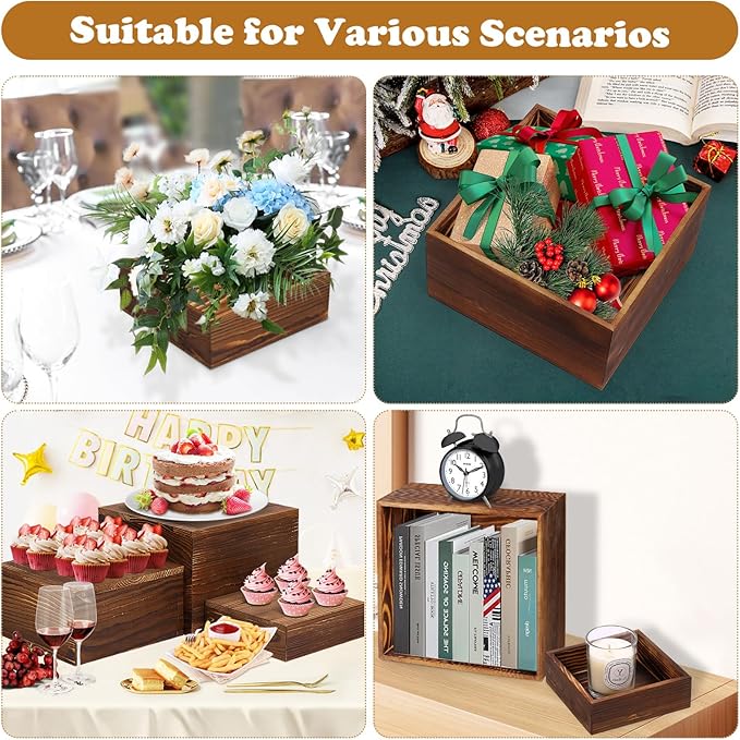 6 Pack Wooden Risers Display Stands Rustic Wood Cake & Cupcake Stands for Party Square Food Risers for Buffet Wooden Crates for Display Home Decor