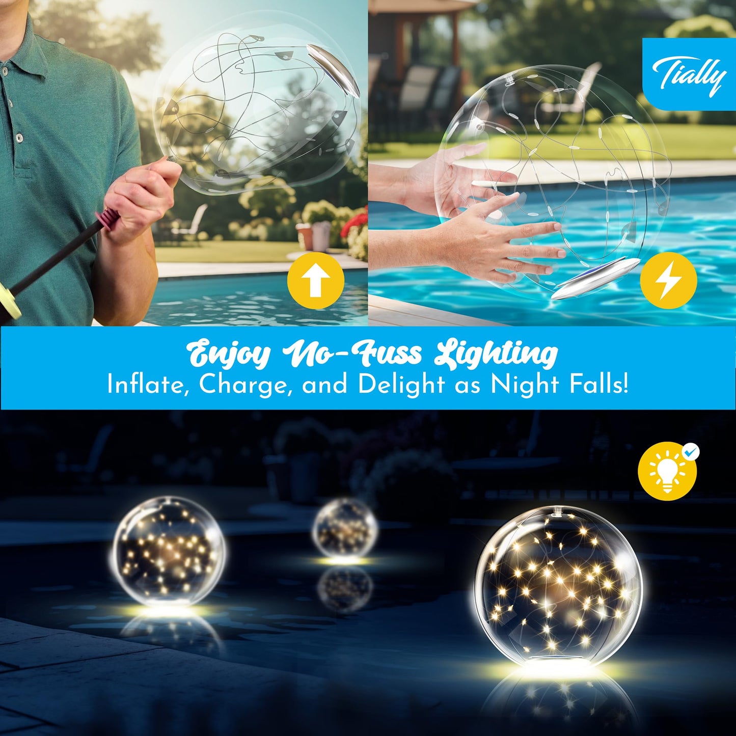 TIALLY Fairy Floating Pool Lights Solar Powered - 14" Inflatable Glow Balls for Pool, Solar Floating Lights for Pool, Floating Solar Pool Lights for Inground Pools, Pool Decorations Outdoor (4 Pack)