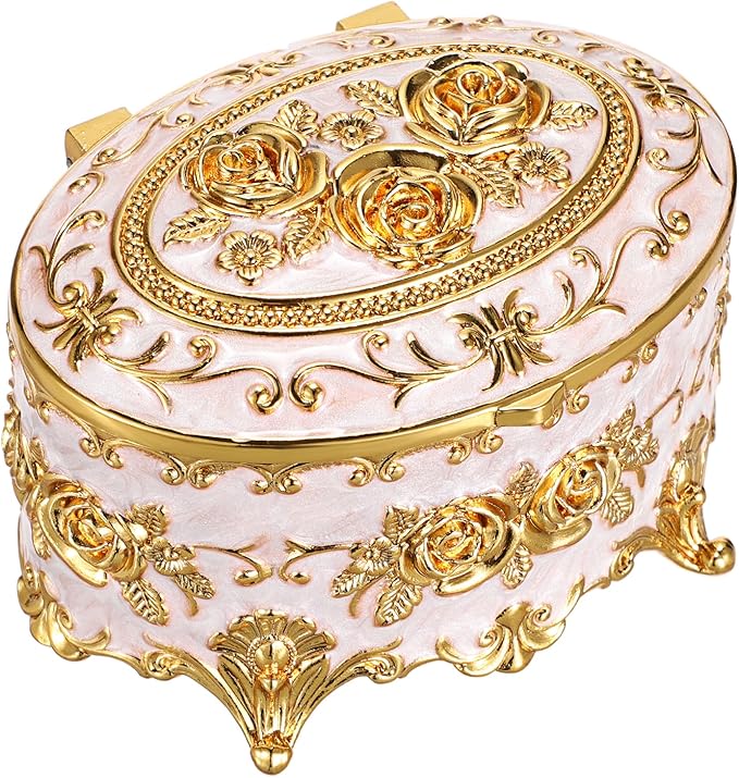 Hipiwe Vintage Metal Jewelry Box - Oval Trinket Organizer Ring Box Case with Rose Pattern Jewelry Storage Box for Ring Earrings Necklace, Gift for Women