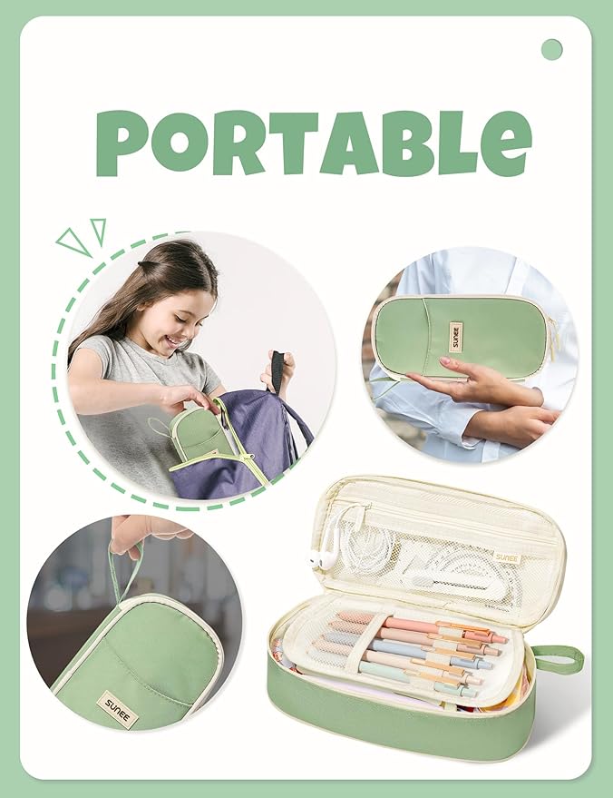 SUNEE Cute Pencil Case, Large Pencil Pouch, Aesthetic Big Pencil Bag with Zipper, Kawaii Stationery Storage and Organizer, School Supplies for Boys and Girls Teen, Heavy Duty Oxford Canvas, Sage Green