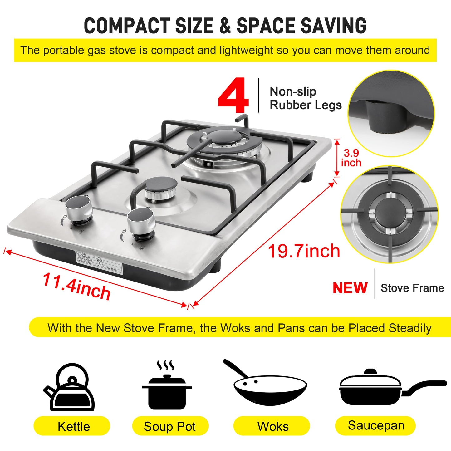 Gas Cooktop12Inch,Built in Gas Cooktop 2 Burners Stainless Steel Stove with NG/LPG Conversion Kit Thermocouple Protection and Easy to Clean
