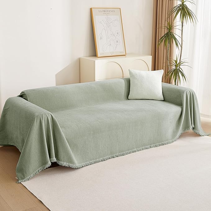 MYSKY HOME Sectional Couch Cover Blanket Living Room Furniture Protector for Pets, Farmhouse Home Decor Sofa Covers Tassel Chenielle Sofa Slipcover Soft Throw Couch for Dogs, 71" X 150", Sage Green