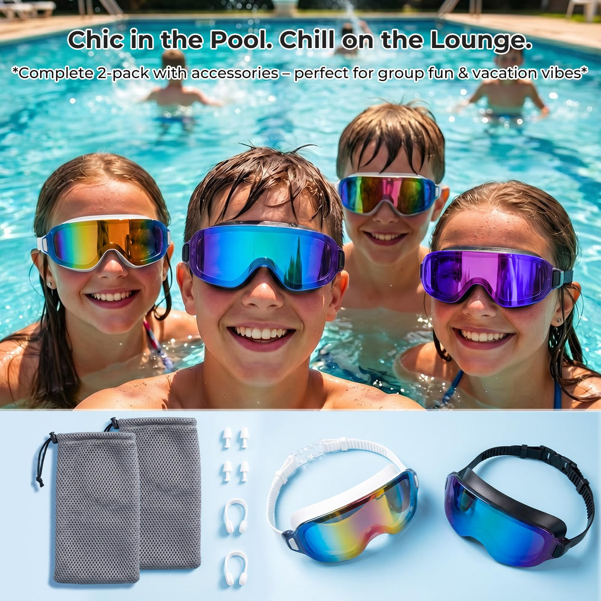 Aegend 2 Pack Swim Goggles For Youth Ages 8-16&Adult(Small Faces), Large Frameless Wide View No-Leak Silicone Seal Anti-Fog/UV, with Earplugs Nose Clips Mesh Bags for Teens Boys Girls Swimming
