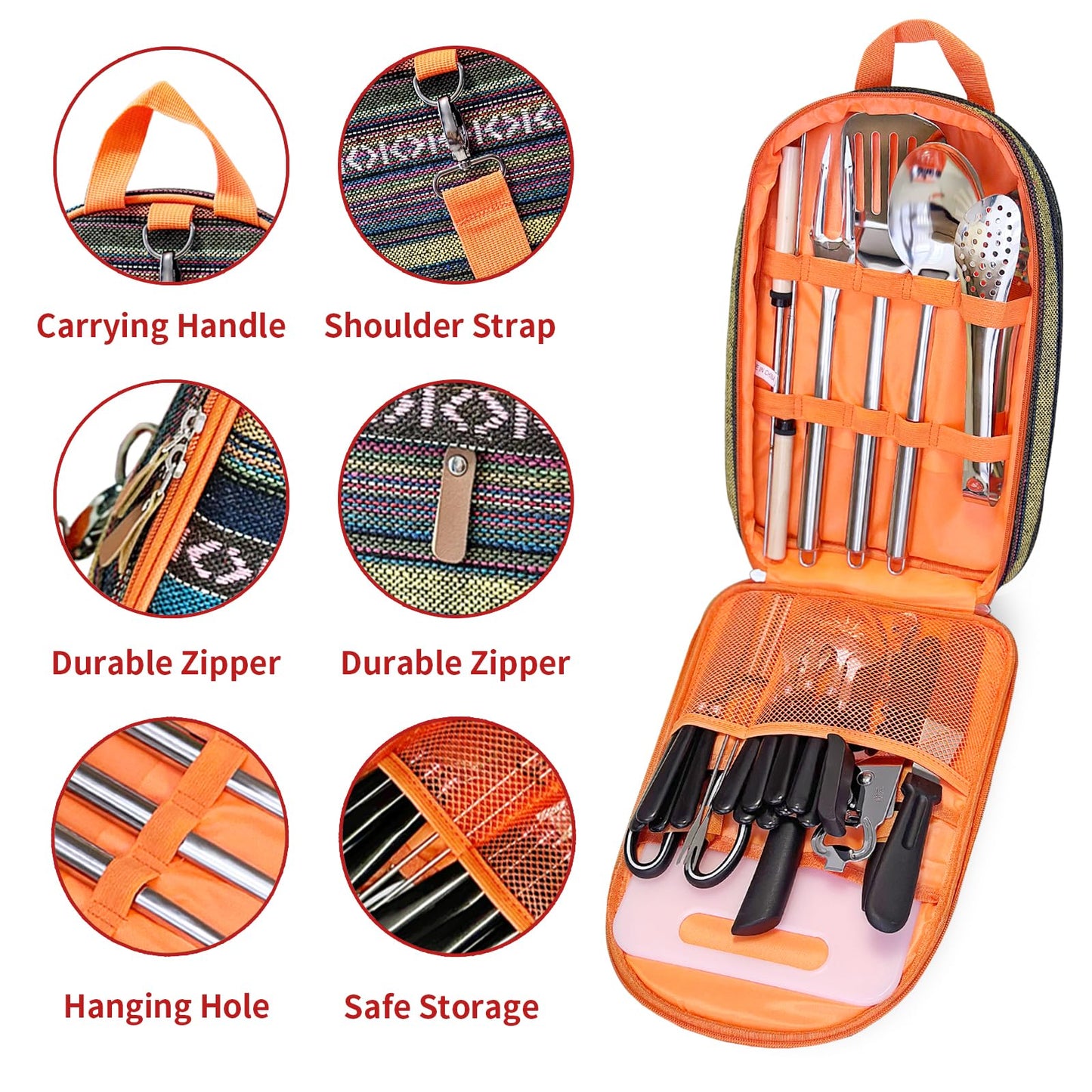 Portable Camping Kitchen Utensil Set-27 Piece Cookware Kit, Stainless Steel Outdoor Cooking and Grilling Utensil Organizer Travel Set Perfect for Travel, Picnics, RVs, Camping, BBQs, Parties and More