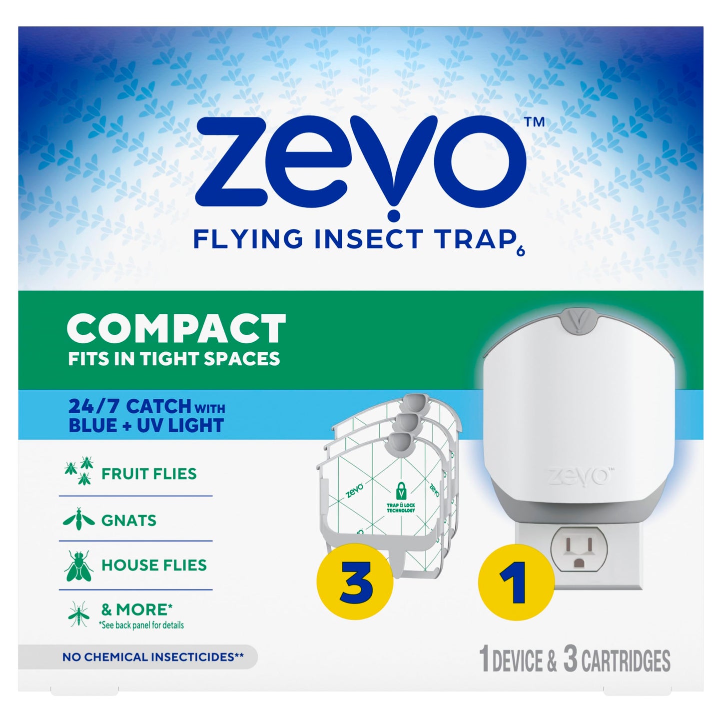 Zevo Compact Flying Insect Trap Kit with Refill Cartridges - Plug-in Indoor Bug Catcher for Gnats, House & Fruit Flies - Blue + UV Light Technology, No Odor, No Mess (1 Plug-in Device + 3 Cartridges)