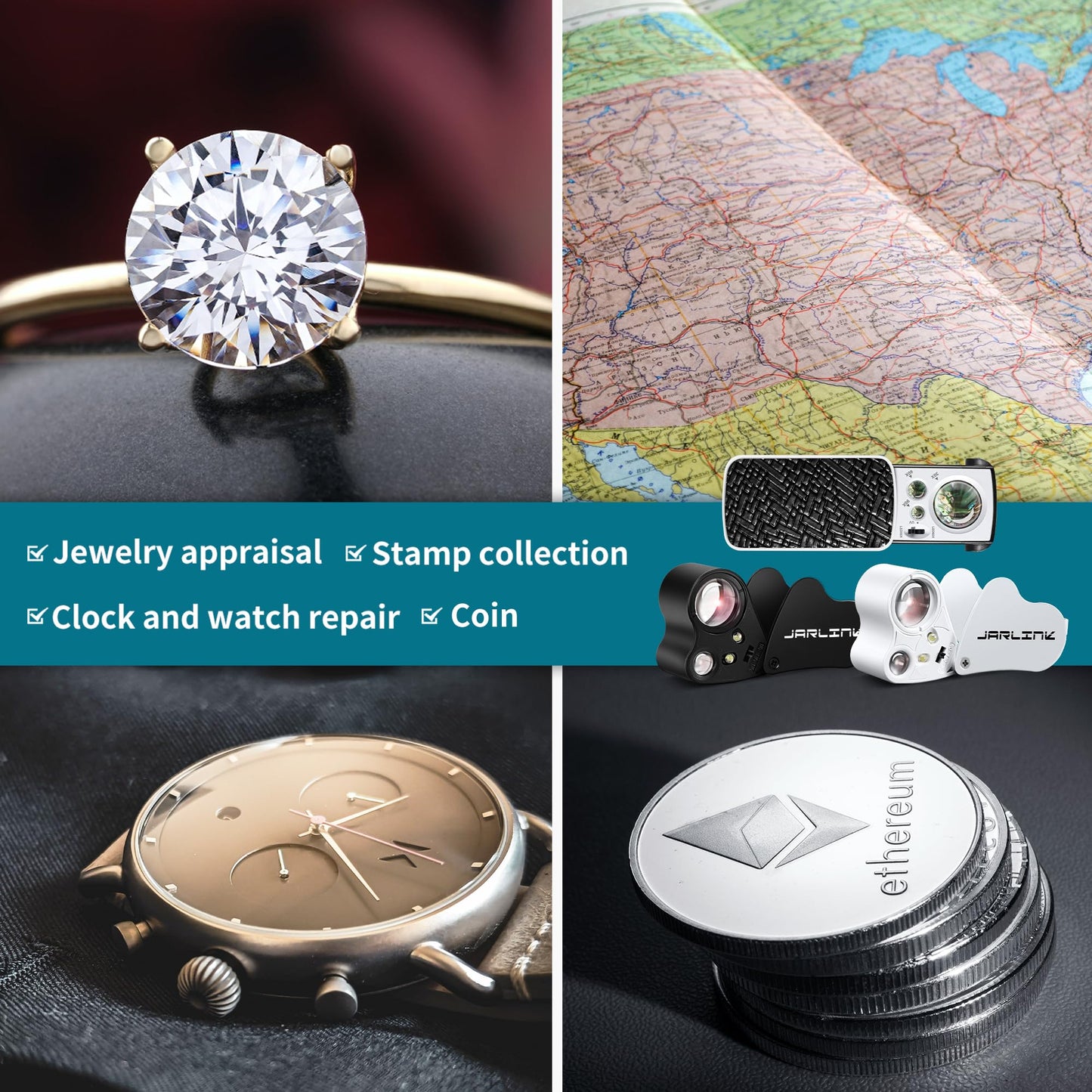 JARLINK 3 Pack Jewelers Loupe, 30X 60X 90X Illuminated Jewelers Eye Magnifier and Magnifying Glass Loop with UV Black Light and Bright LED Light for Gems, Jewelry, Diamond, Coins, Stamps