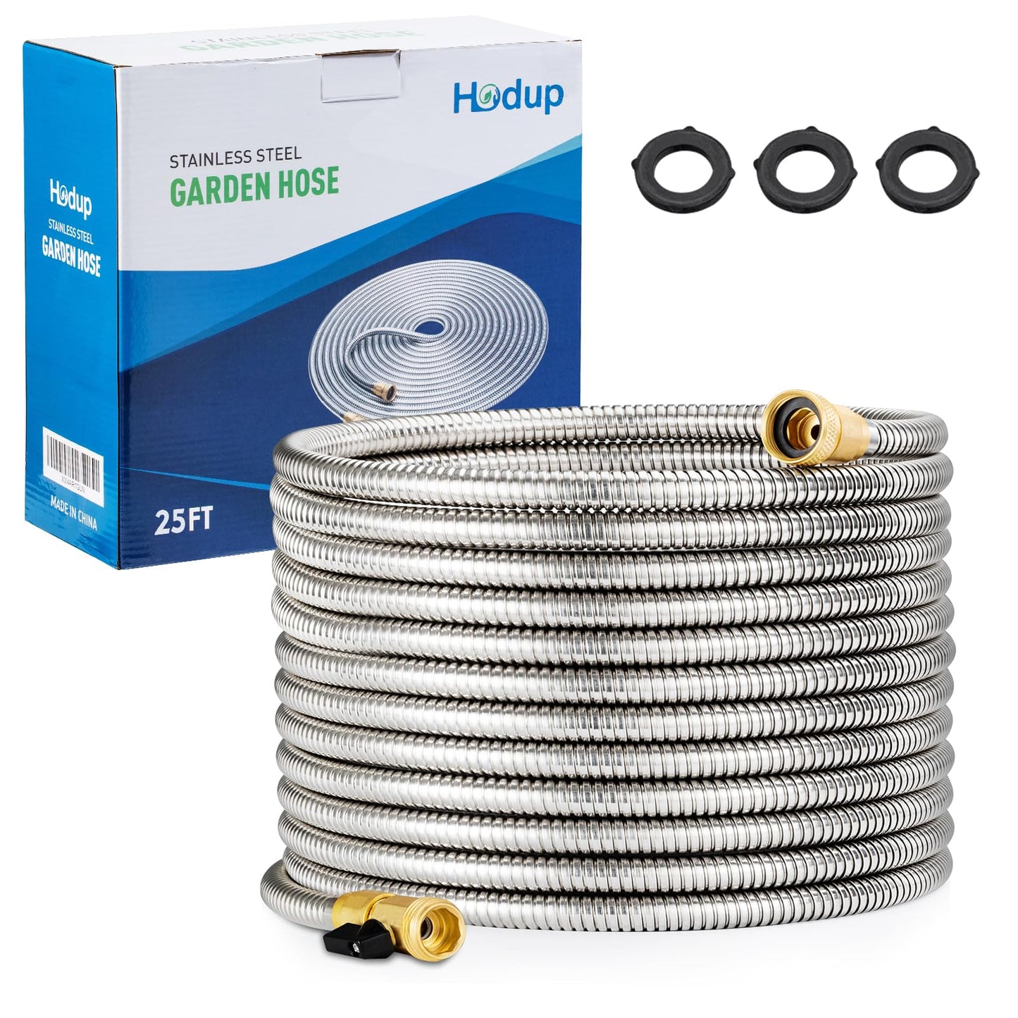 25FT Stainless Steel Metal Garden Hose - Lightweight, Kink-Free & Tangle-Free, Flexible with Brass Fittings, On/Off Valve, Pet Proof, Puncture Proof for Yard, RV, Car Washing (Silver)