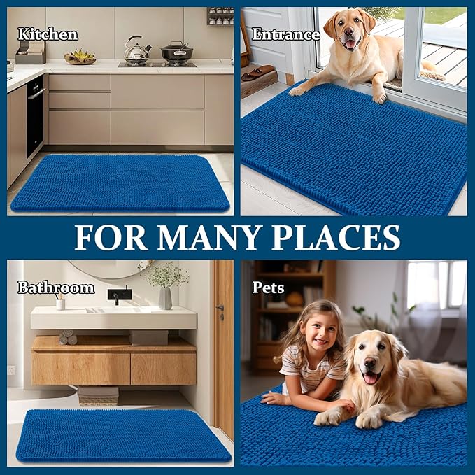 OLANLY Dog Door Mat for Muddy Paws 50x30, Absorbs Moisture and Dirt, Absorbent Non-Slip Washable Doormat, Quick Dry Chenille Mud Mat, Entry Indoor Entryway Carpet for Inside Floor, Deep Navy Blue